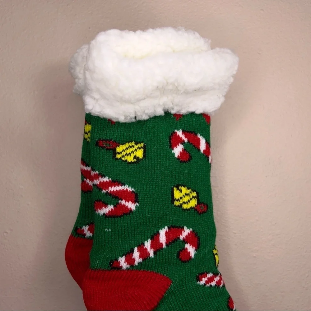 New Holiday Christmas Socks Womens One Size Faux Sherpa Lining Green Bell Candy